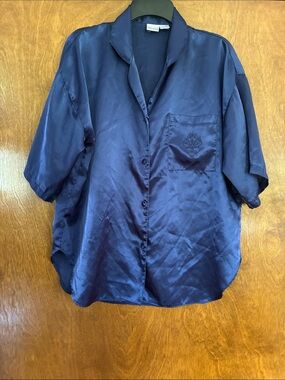 Maryann’s Boutique Satin Short-Sleeve Pajama Top - Navy Size Large